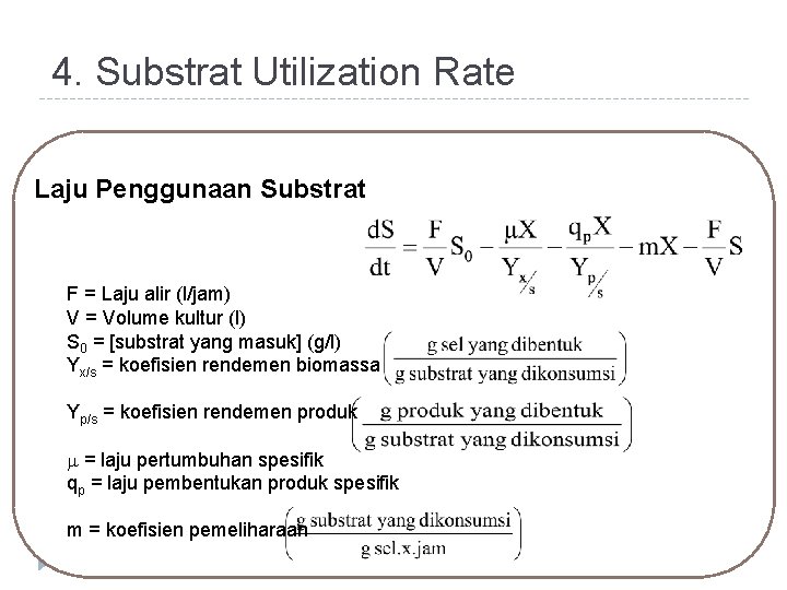 4. Substrat Utilization Rate Laju Penggunaan Substrat F = Laju alir (l/jam) V = 4. Substrat Utilization Rate Laju Penggunaan Substrat F = Laju alir (l/jam) V =