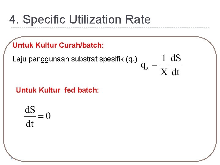 4. Specific Utilization Rate Untuk Kultur Curah/batch: Laju penggunaan substrat spesifik (qs) Untuk Kultur