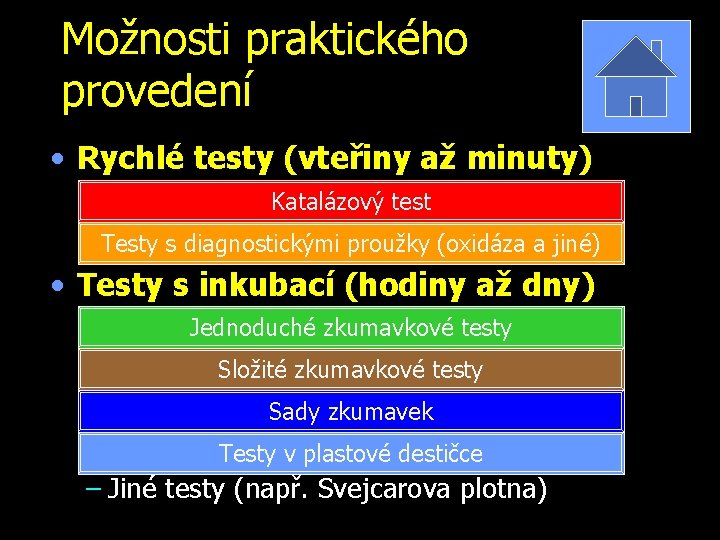 Možnosti praktického provedení • Rychlé testy (vteřiny až minuty) – Katalázový test –Testy s