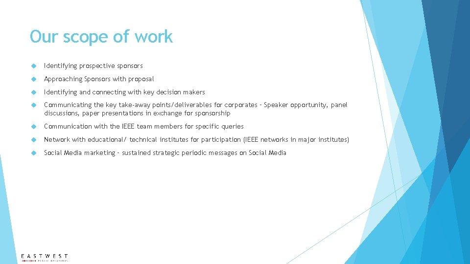 Our scope of work Identifying prospective sponsors Approaching Sponsors with proposal Identifying and connecting