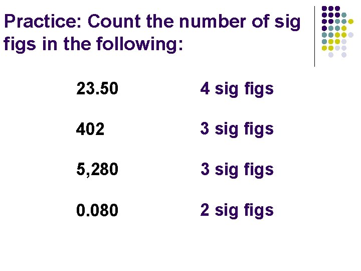Practice: Count the number of sig figs in the following: 23. 50 4 sig