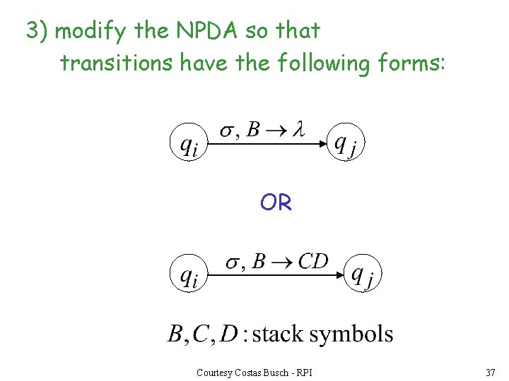 3) modify the NPDA so that transitions have the following forms: OR Courtesy Costas