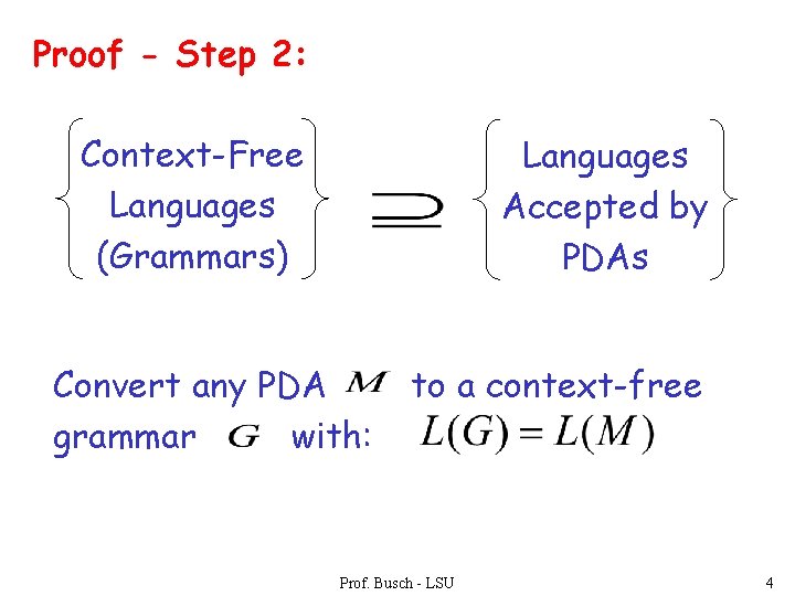 Proof - Step 2: Context-Free Languages (Grammars) Languages Accepted by PDAs Convert any PDA