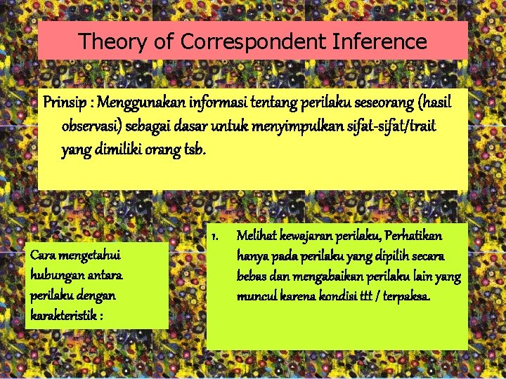 Theory of Correspondent Inference Prinsip : Menggunakan informasi tentang perilaku seseorang (hasil observasi) sebagai
