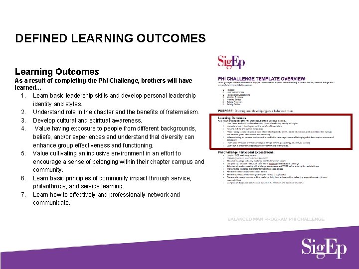 DEFINED LEARNING OUTCOMES Learning Outcomes As a result of completing the Phi Challenge, brothers