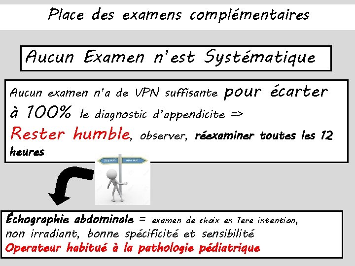 Place des examens complémentaires Aucun Examen n’est Systématique Aucun examen n’a de VPN suffisante