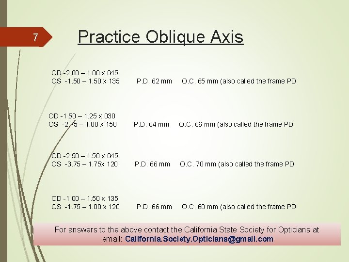 7 Practice Oblique Axis OD -2. 00 – 1. 00 x 045 OS -1.