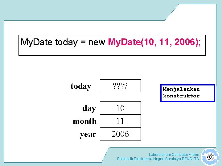 My. Date today = new My. Date(10, 11, 2006); today ? ? day month