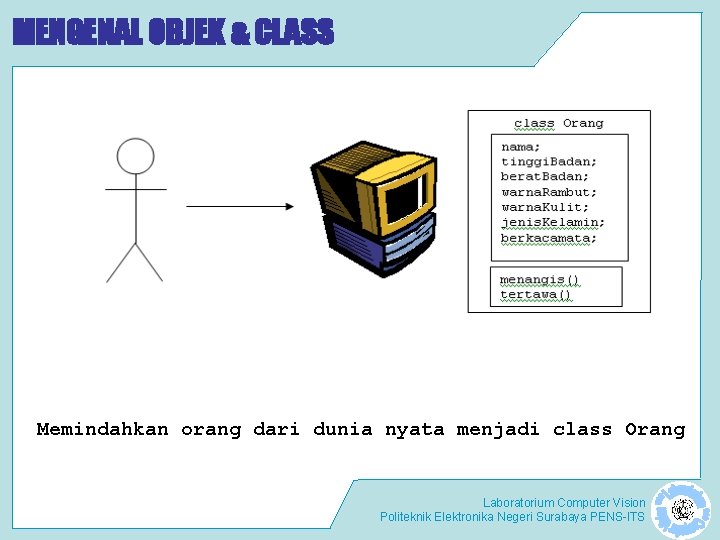 MENGENAL OBJEK & CLASS Memindahkan orang dari dunia nyata menjadi class Orang Laboratorium Computer