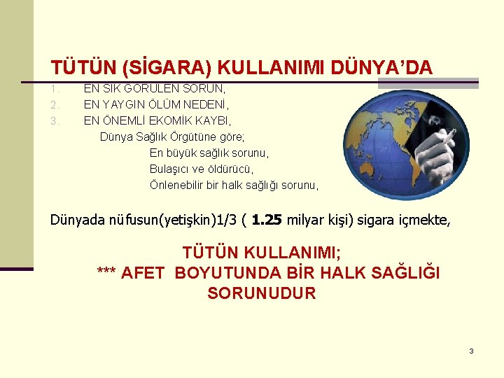 TÜTÜN (SİGARA) KULLANIMI DÜNYA’DA 1. 2. 3. EN SIK GÖRÜLEN SORUN, EN YAYGIN ÖLÜM