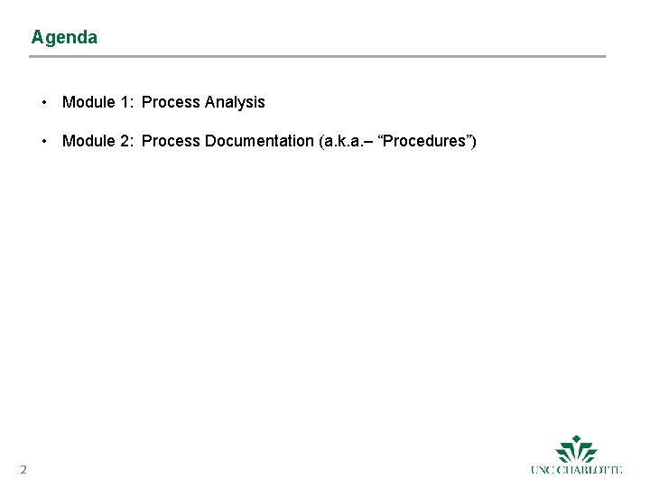 Agenda • Module 1: Process Analysis • Module 2: Process Documentation (a. k. a.