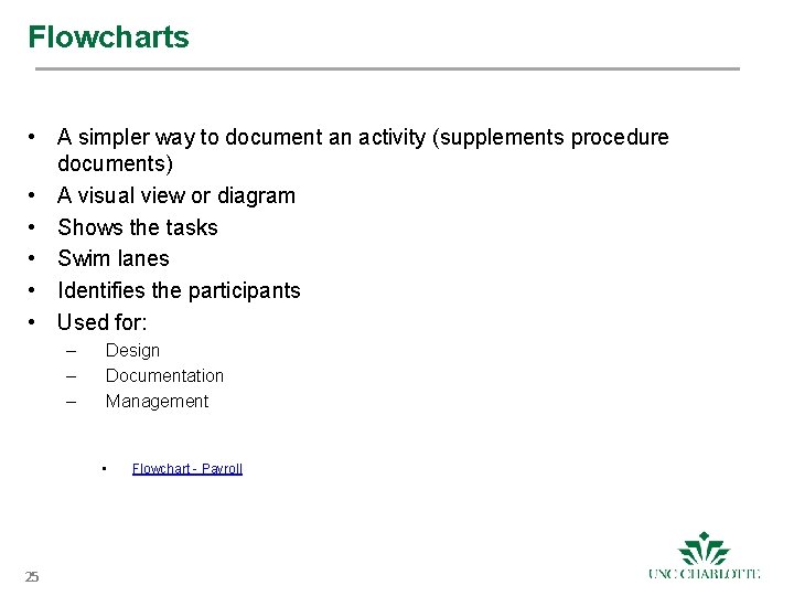 Flowcharts • A simpler way to document an activity (supplements procedure documents) • A