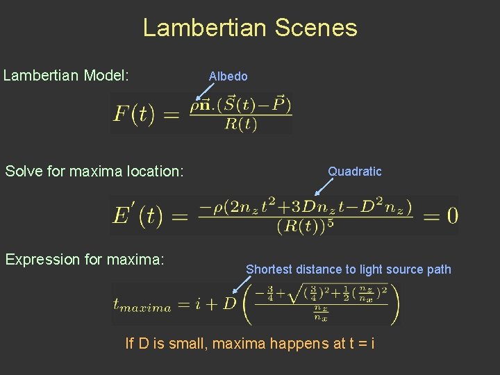 Lambertian Scenes Lambertian Model: Solve for maxima location: Expression for maxima: Albedo Quadratic Shortest