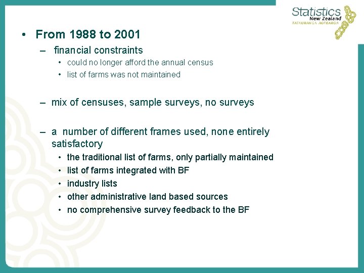  • From 1988 to 2001 – financial constraints • could no longer afford