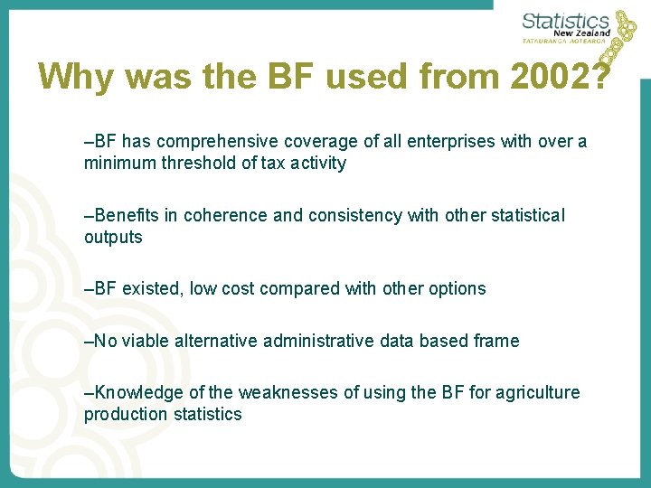 Why was the BF used from 2002? –BF has comprehensive coverage of all enterprises