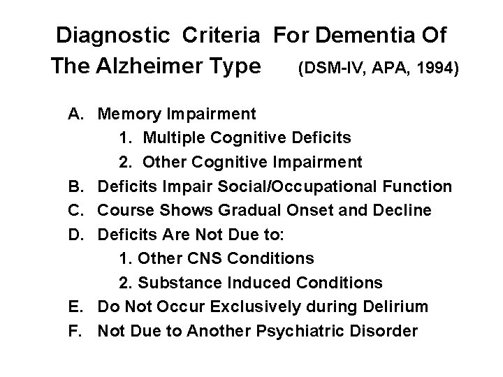 Diagnostic Criteria For Dementia Of The Alzheimer Type (DSM-IV, APA, 1994) A. Memory Impairment