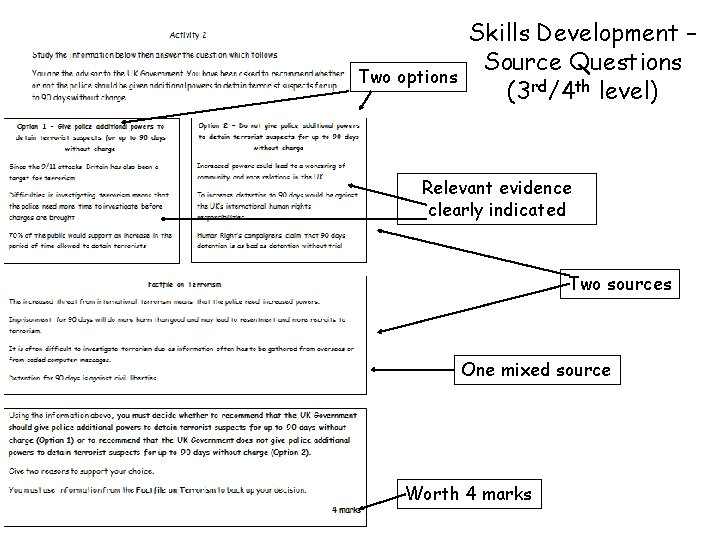 Two options Skills Development – Source Questions (3 rd/4 th level) Relevant evidence clearly