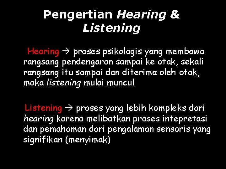 Pengertian Hearing & Listening Hearing proses psikologis yang membawa rangsang pendengaran sampai ke otak,