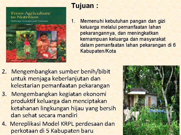 Tujuan : 1. Memenuhi kebutuhan pangan dan gizi keluarga melalui pemanfaatan lahan pekarangannya, dan