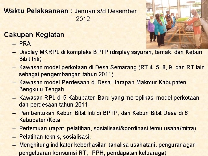 Waktu Pelaksanaan : Januari s/d Desember 2012 Cakupan Kegiatan – PRA – Display MKRPL