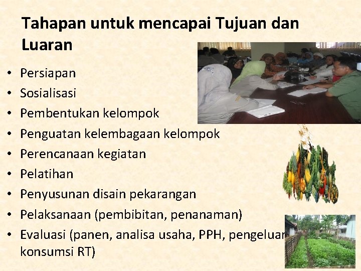 Tahapan untuk mencapai Tujuan dan Luaran • • • Persiapan Sosialisasi Pembentukan kelompok Penguatan