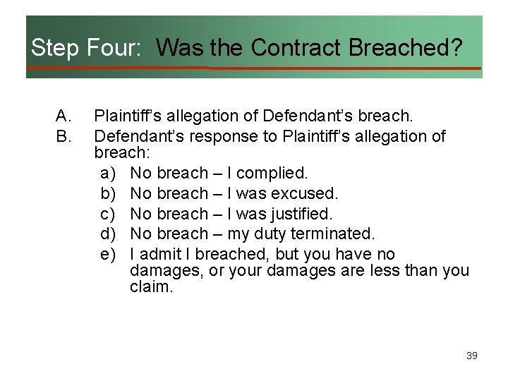 Step Four: Was the Contract Breached? A. B. Plaintiff’s allegation of Defendant’s breach. Defendant’s