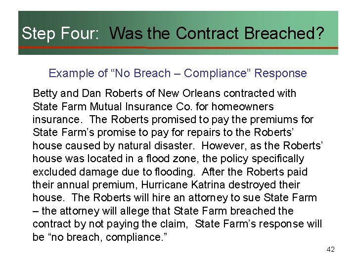 Step Four: Was the Contract Breached? Example of “No Breach – Compliance” Response Betty