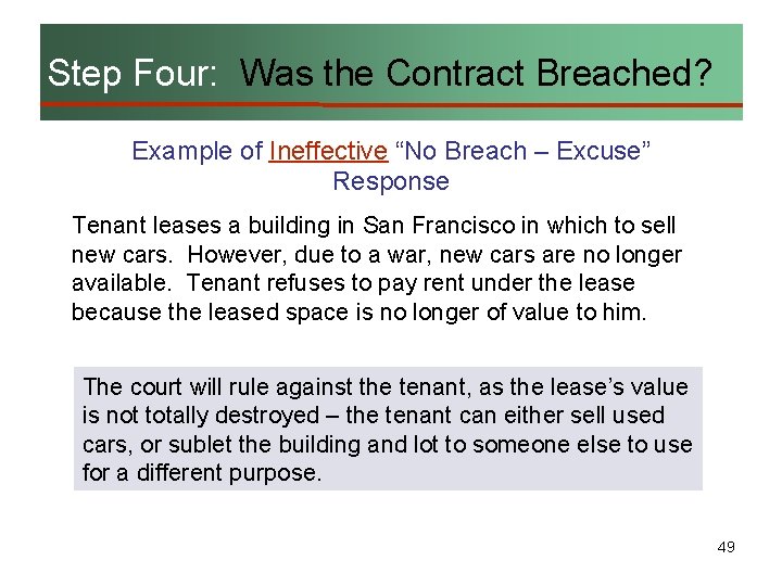 Step Four: Was the Contract Breached? Example of Ineffective “No Breach – Excuse” Response