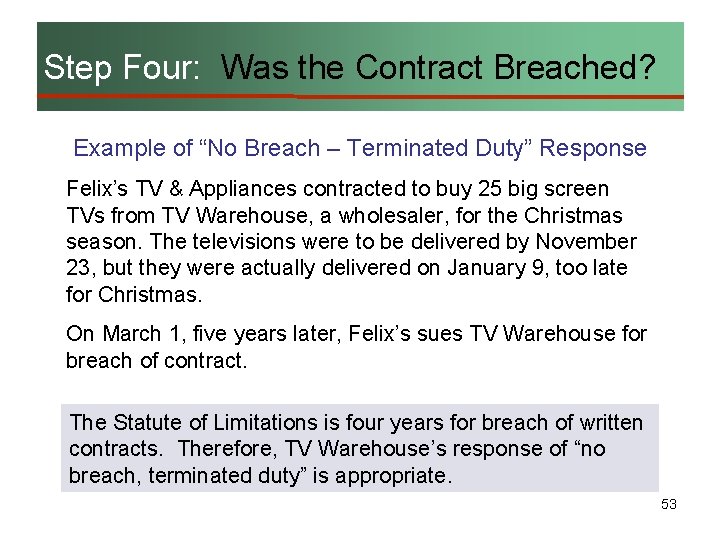 Step Four: Was the Contract Breached? Example of “No Breach – Terminated Duty” Response