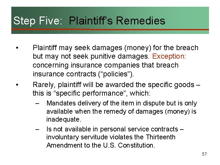 Step Five: Plaintiff’s Remedies • • Plaintiff may seek damages (money) for the breach