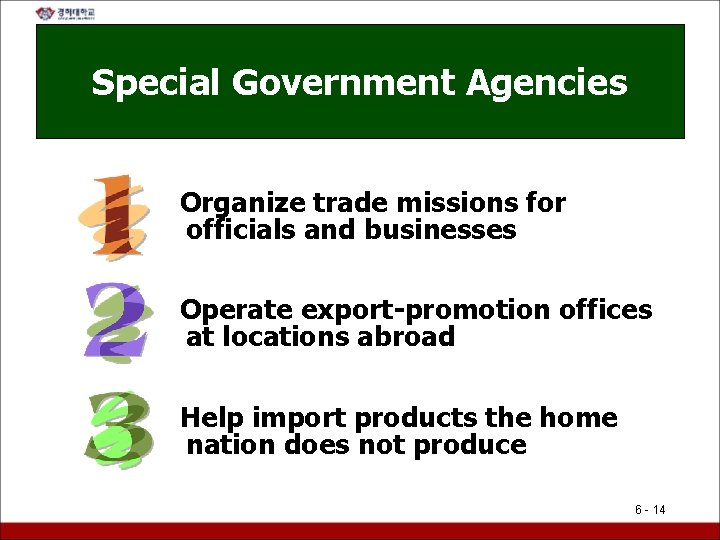 Special Government Agencies Organize trade missions for officials and businesses Operate export-promotion offices at
