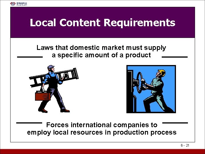 Local Content Requirements Laws that domestic market must supply a specific amount of a