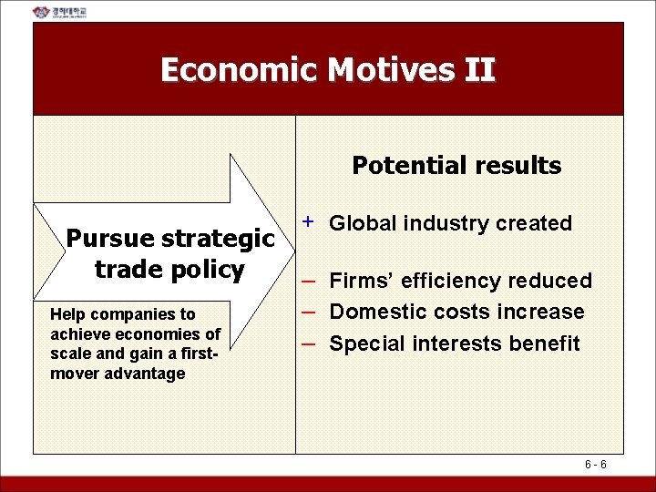 Economic Motives II Potential results Pursue strategic trade policy Help companies to achieve economies