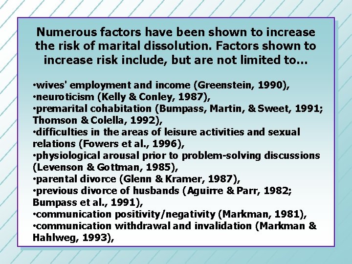 Numerous factors have been shown to increase the risk of marital dissolution. Factors shown