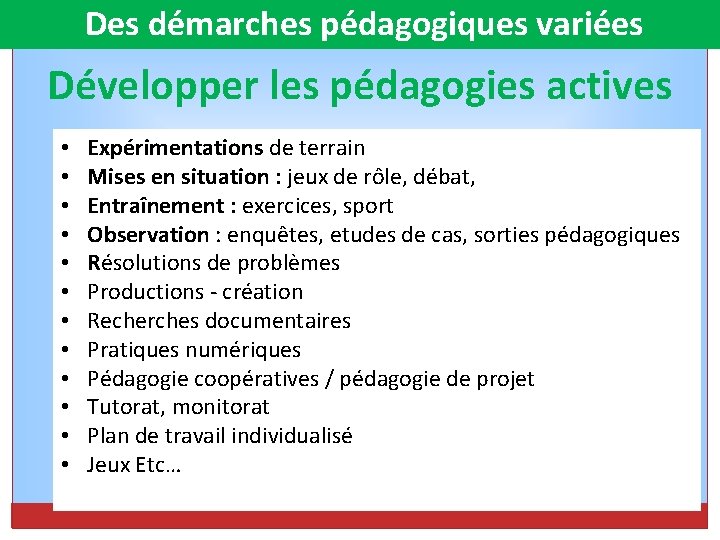  Des démarches pédagogiques variées Développer les pédagogies actives • • • Expérimentations de