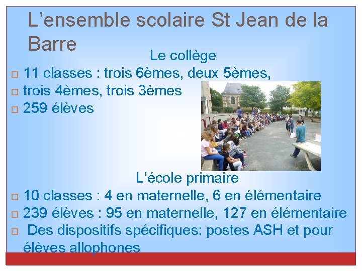 L’ensemble scolaire St Jean de la Barre Le collège 11 classes : trois 6èmes,