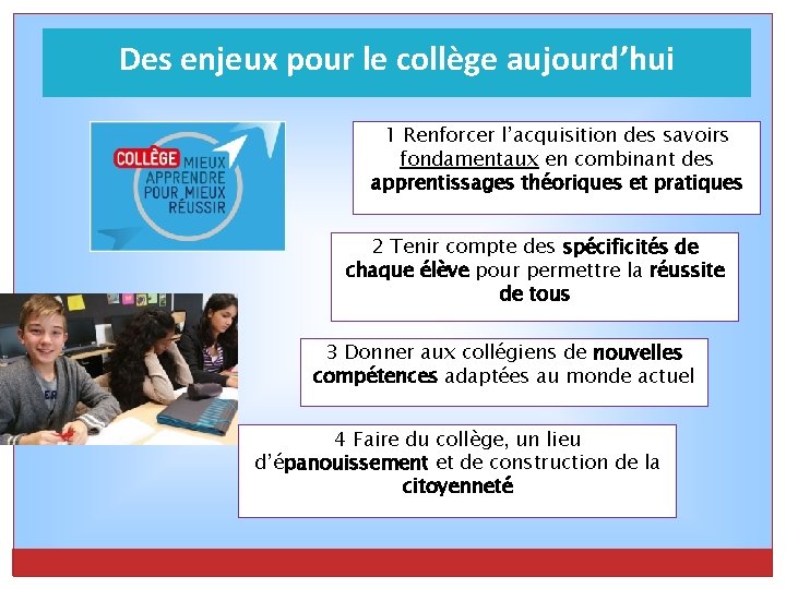 Des enjeux pour le collège aujourd’hui 1 Renforcer l’acquisition des savoirs fondamentaux en combinant