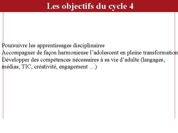 Les objectifs du cycle 4 Poursuivre les apprentissages disciplinaires Accompagner de façon harmonieuse l’adolescent