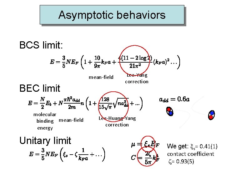 Asymptotic behaviors BCS limit: mean-field BEC limit molecular binding mean-field energy Unitary limit Lee-Yang