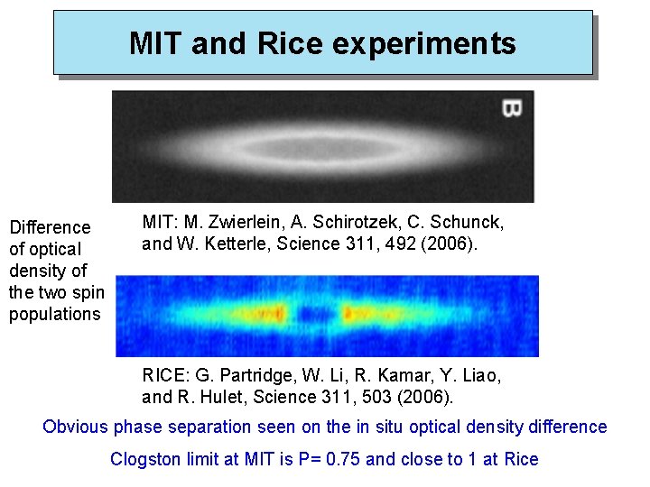 MIT and Rice experiments Difference of optical density of the two spin populations MIT: