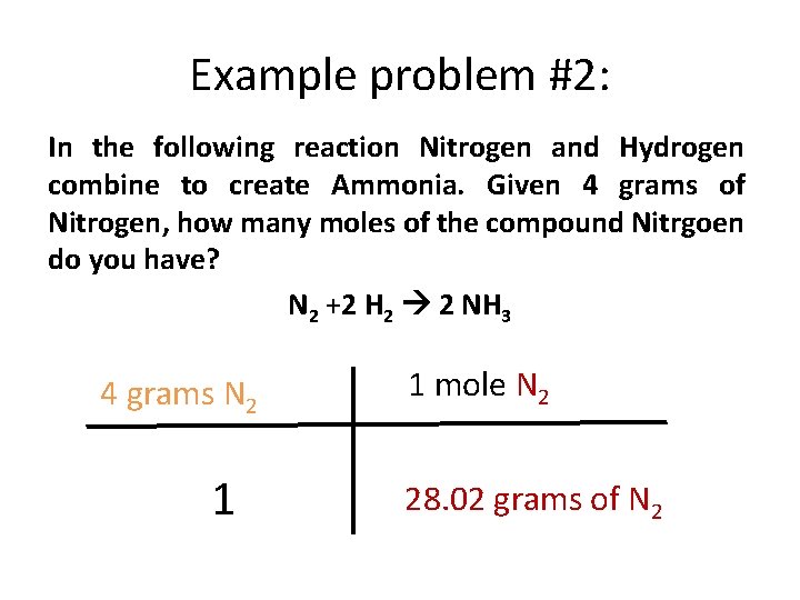 Example problem #2: In the following reaction Nitrogen and Hydrogen combine to create Ammonia.