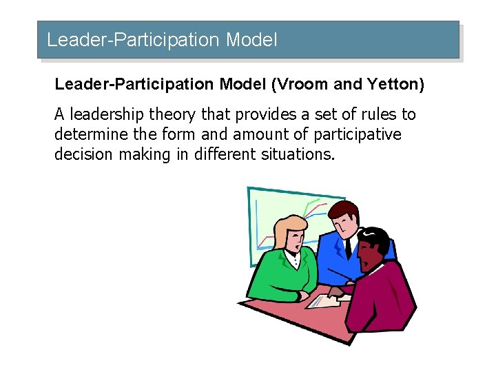Leader-Participation Model (Vroom and Yetton) A leadership theory that provides a set of rules