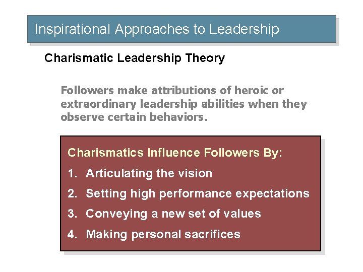 Inspirational Approaches to Leadership Charismatic Leadership Theory Followers make attributions of heroic or extraordinary