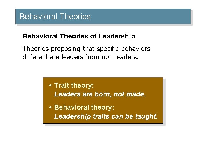 Behavioral Theories of Leadership Theories proposing that specific behaviors differentiate leaders from non leaders.