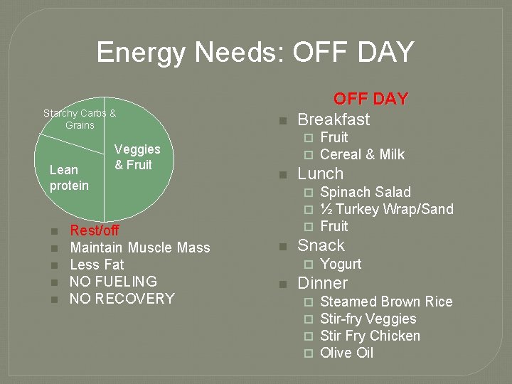 Energy Needs: OFF DAY Starchy Carbs & Grains Lean protein n n Veggies &
