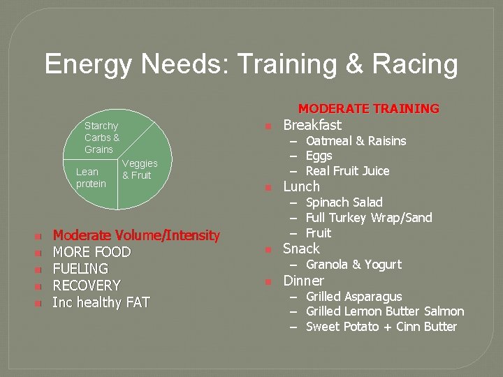 Energy Needs: Training & Racing MODERATE TRAINING Starchy Carbs & Grains Lean protein n