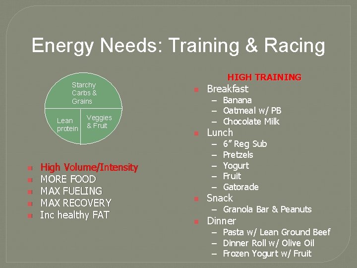 Energy Needs: Training & Racing Starchy Carbs & Grains Lean protein n n HIGH