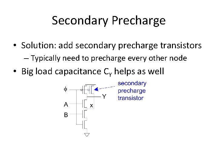 Secondary Precharge • Solution: add secondary precharge transistors – Typically need to precharge every