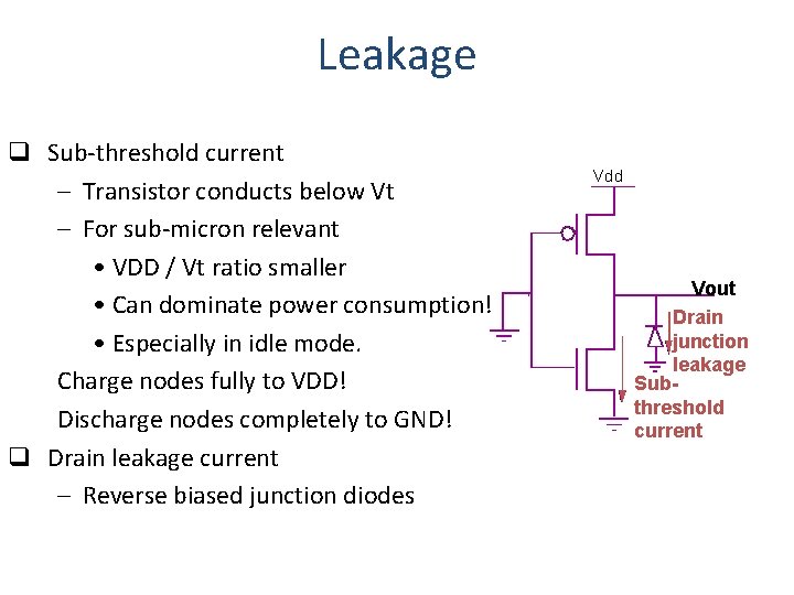 Leakage q Sub-threshold current – Transistor conducts below Vt – For sub-micron relevant •