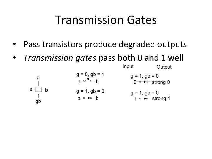 Transmission Gates • Pass transistors produce degraded outputs • Transmission gates pass both 0